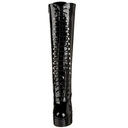 Vintage Black Patent Leather Lace-Up Knee High Boots with Platform