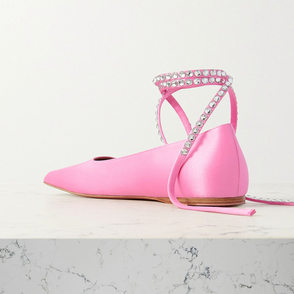 Pink Satin Square Toe Wedding Shoes Rhinestone Strappy Ballet Flats