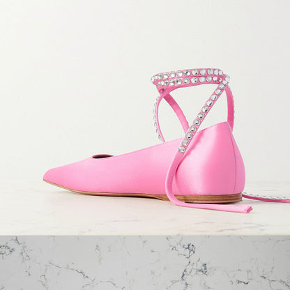 Pink Satin Square Toe Wedding Shoes Rhinestone Strappy Ballet Flats