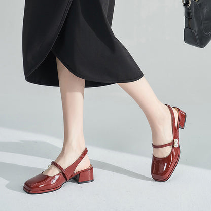 Maroon Patent Leather Square Toe Chunky Heel Slingback Loafers