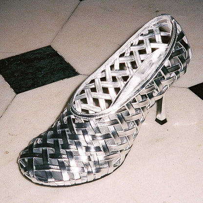 Silver Metallic Woven Round Toe Spool Heel Pumps for Women
