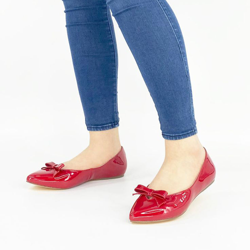 Red Pointed Toe Flats Vegan Patent Leather Vintage Shoes with Bow