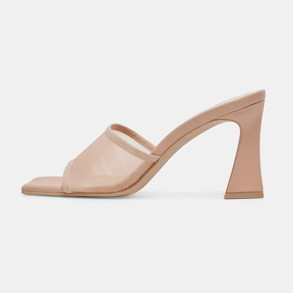 Women's Nude Open Square Toe Sandals Slip-On Mesh Mule Heels