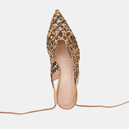 Chic Black & Nude Woven Pointed Toe Lace-Up Flared Heel Sandals