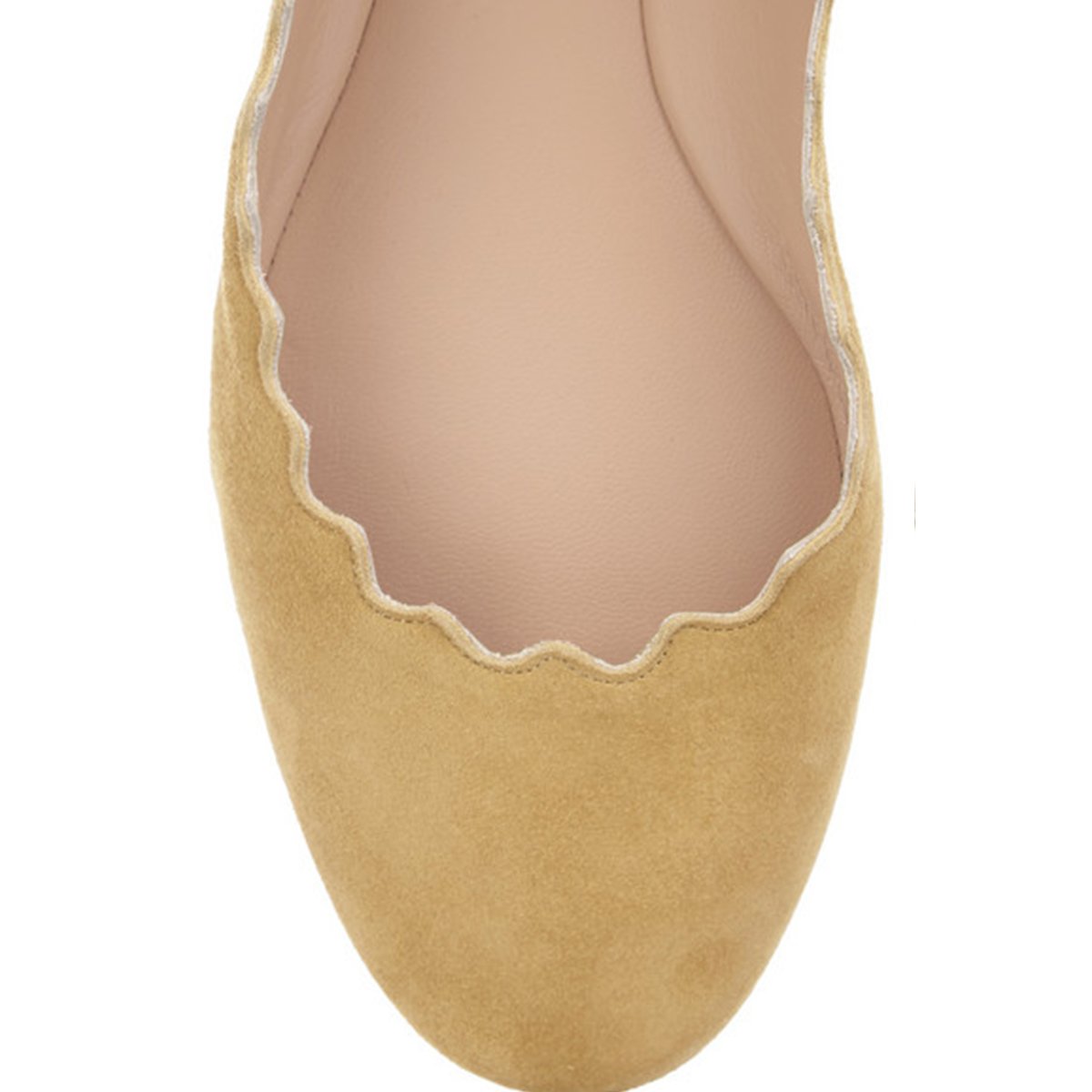 Mustard Vegan Suede Round Toe Stacked Heel Scalloped Ballet Flats