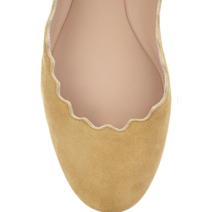 Mustard Vegan Suede Round Toe Stacked Heel Scalloped Ballet Flats
