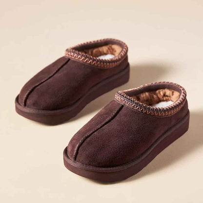 Dark Brown Comfy Vegan Suede Round Toe Fur Lining Flat Slippers