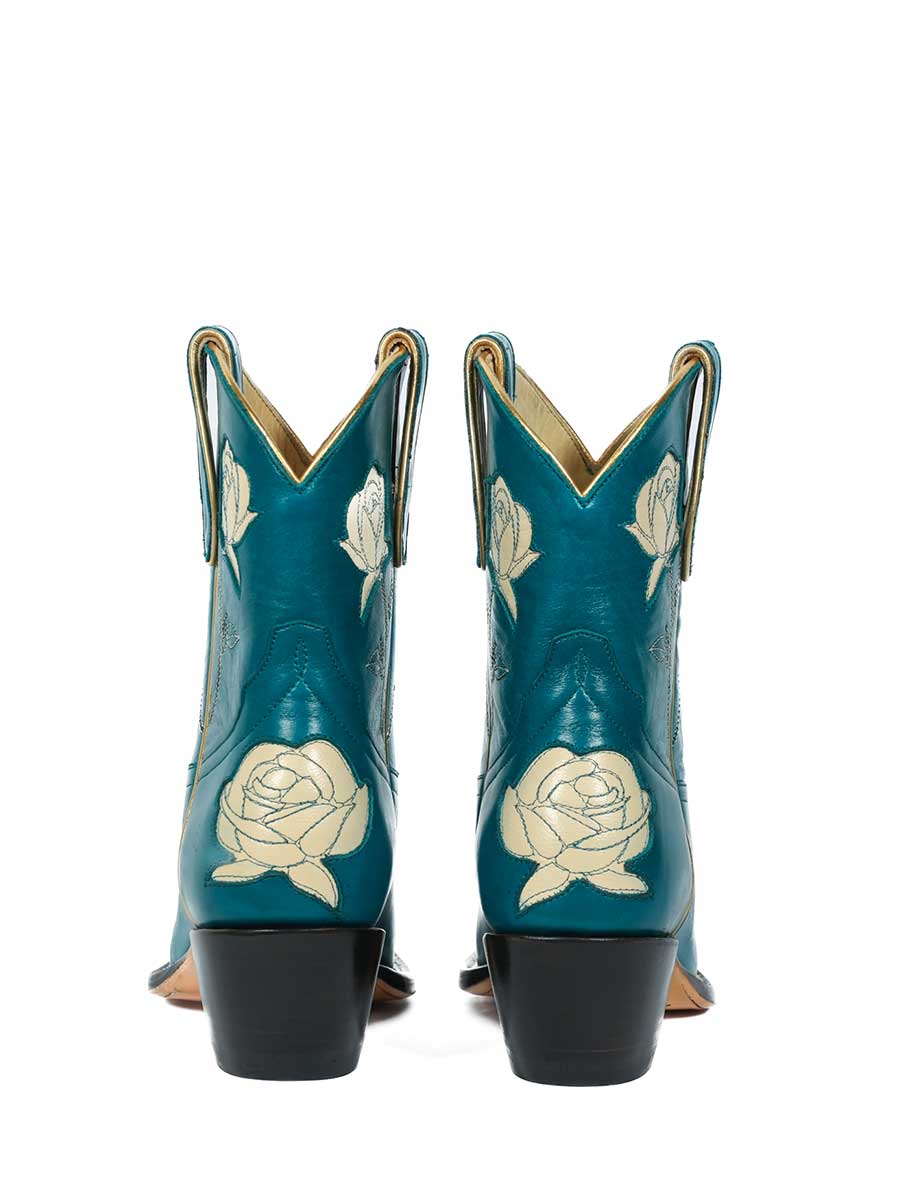Blue Vegan Leather Round Toe Rose Inlay Block Heel Cowgirl Ankle Boots
