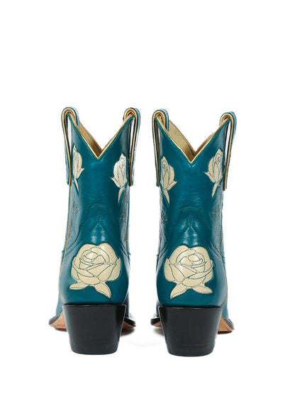 Blue Vegan Leather Round Toe Rose Inlay Block Heel Cowgirl Ankle Boots