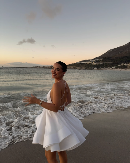 Fashion White V-neck Design A-line Spaghetti Strap Party Dress Homecoming Dress TP3903