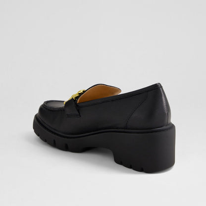 Women's Black Round Toe Chain Platform Loafers with Chunky Heels