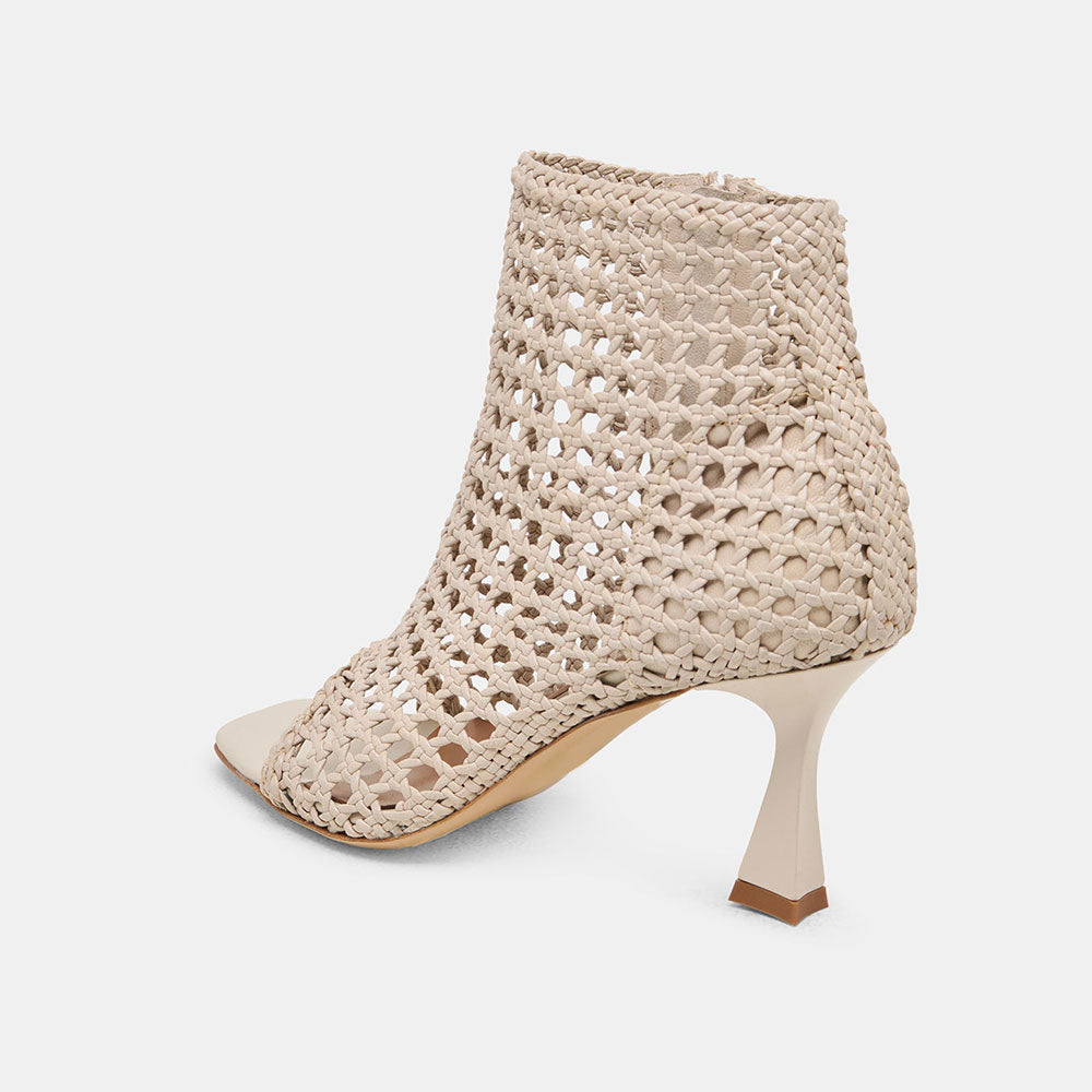 Beige Woven Cut-Out Open Square Toe Flared Heel Zipper Summer Boots