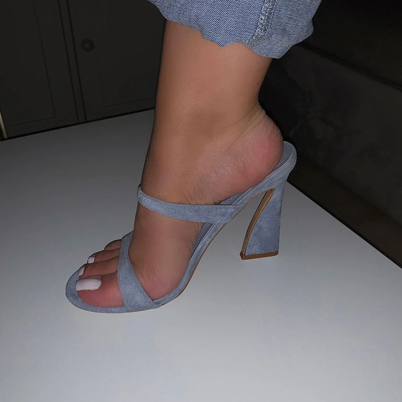 Women's Grey Vegan Suede Open Toe Double Strap High Heel Mules