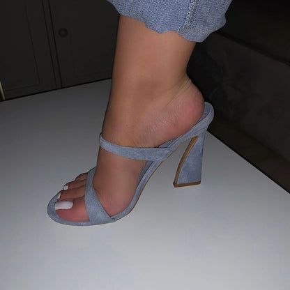 Women's Grey Vegan Suede Open Toe Double Strap High Heel Mules