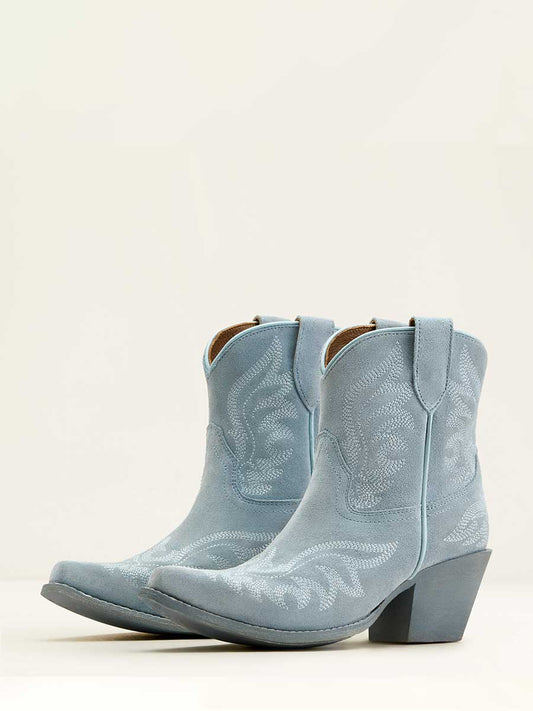 Baby Blue Faux Suede Snip Toe Embroidered Block Heel Cowgirl Ankle Boots