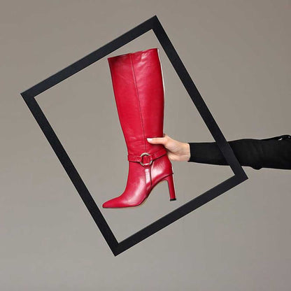 FSJ Burgundy Pointed Toe Heeled Knee High Boots with Ring Buckle