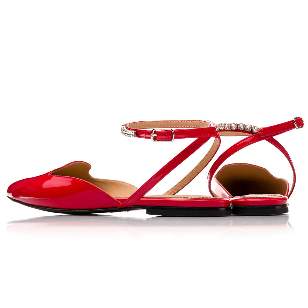 Red Patent Leather Closed Pointy Toe Rhinestone Ankle Strap Flats