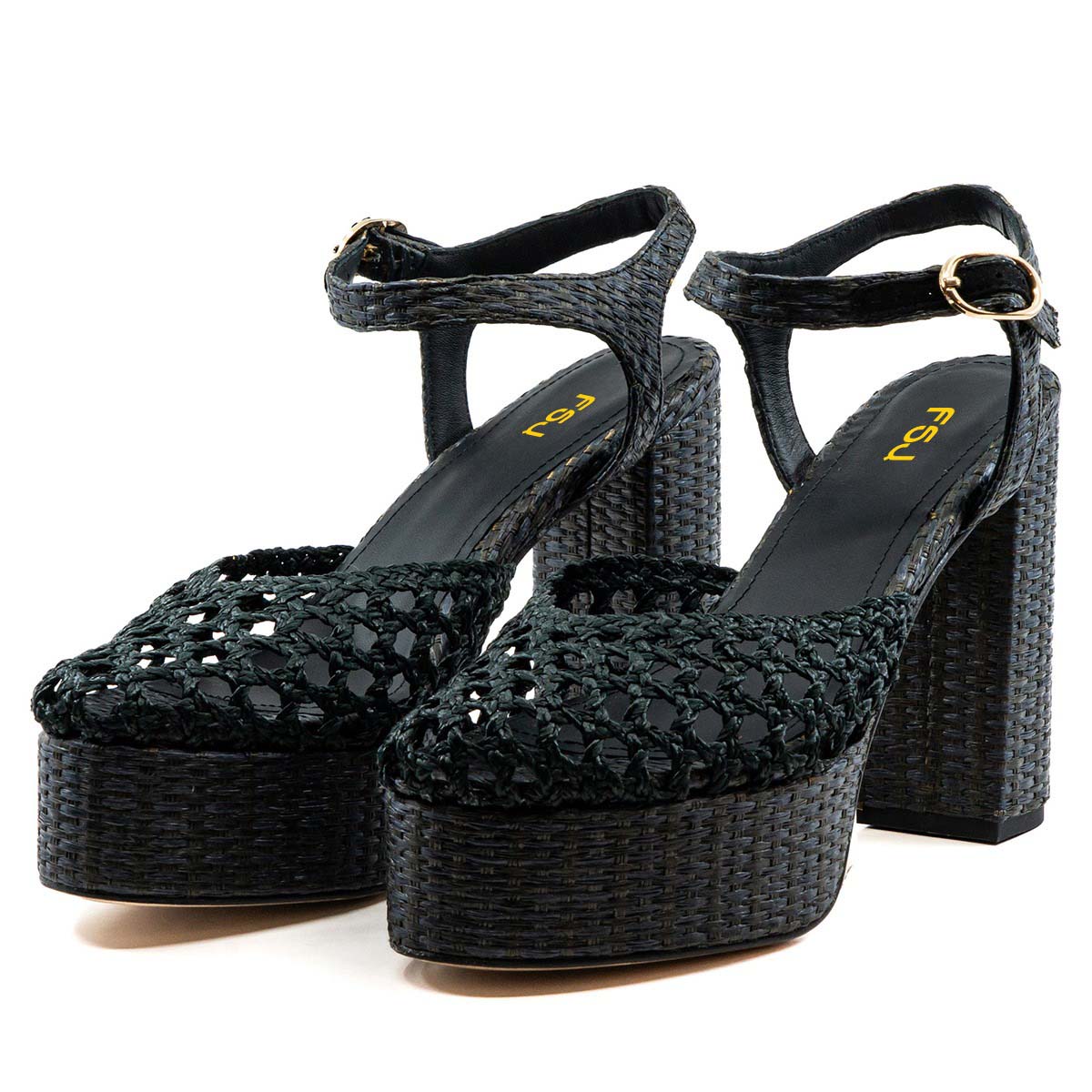 Dark Green Round Toe Woven Ankle Strap Platform High Heels Sandals
