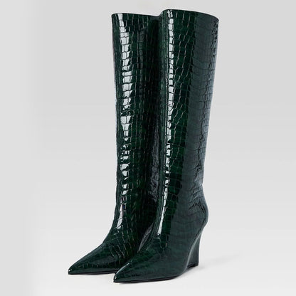 Dark Green Pointed Toe Croc Embossed Wedge Heel Knee High Boots