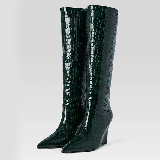 Dark Green Pointed Toe Croc Embossed Wedge Heel Knee High Boots