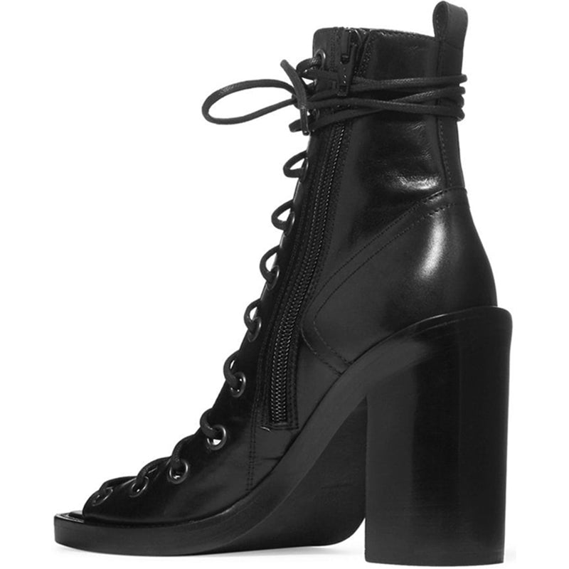 Black Lace Up Summer Booties Peep Toe Chunky Heel Ankle Boots