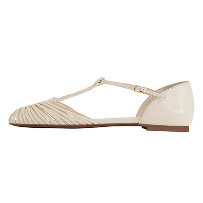 Ivory Woven T-Strap Cut-Out Round Toe Buckle Flat Shoes Women