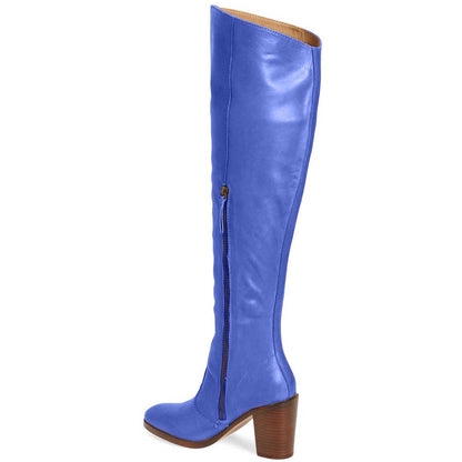 Classic Cobalt Blue Round Toe Block Heel Knee High Boots for Women