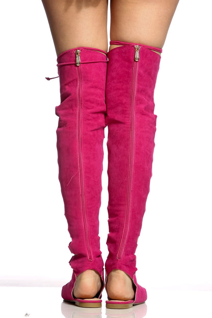 Hot Pink Vegan Suede Flats Lace Up Over The Knee Gladiator Sandals