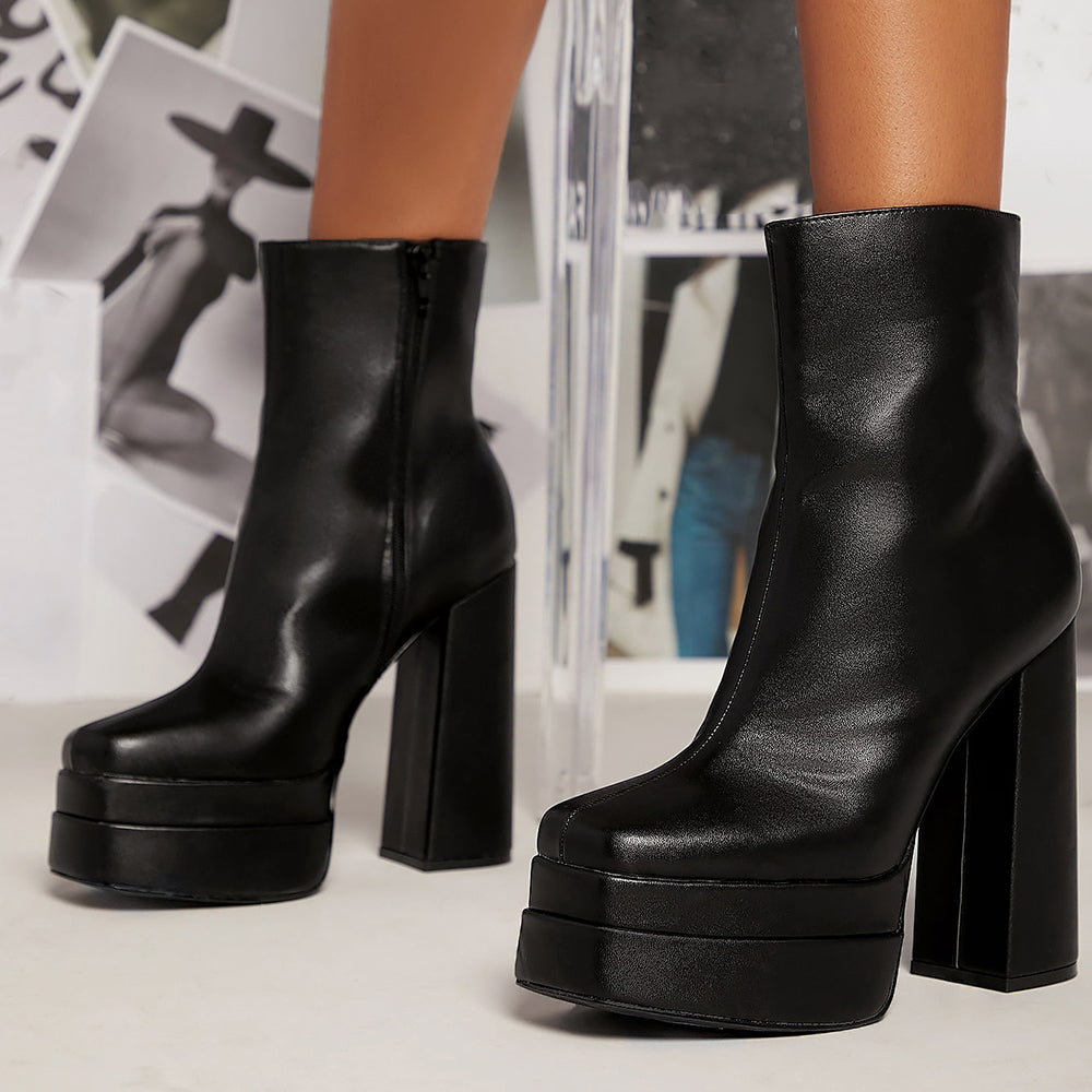Black Square Toe Simple Chunky Heel Ankle Boots