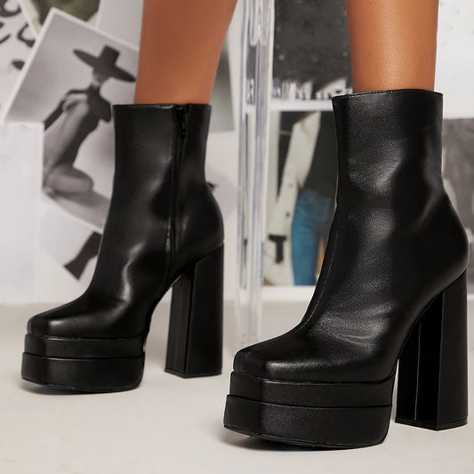 Black Square Toe Simple Chunky Heel Ankle Boots