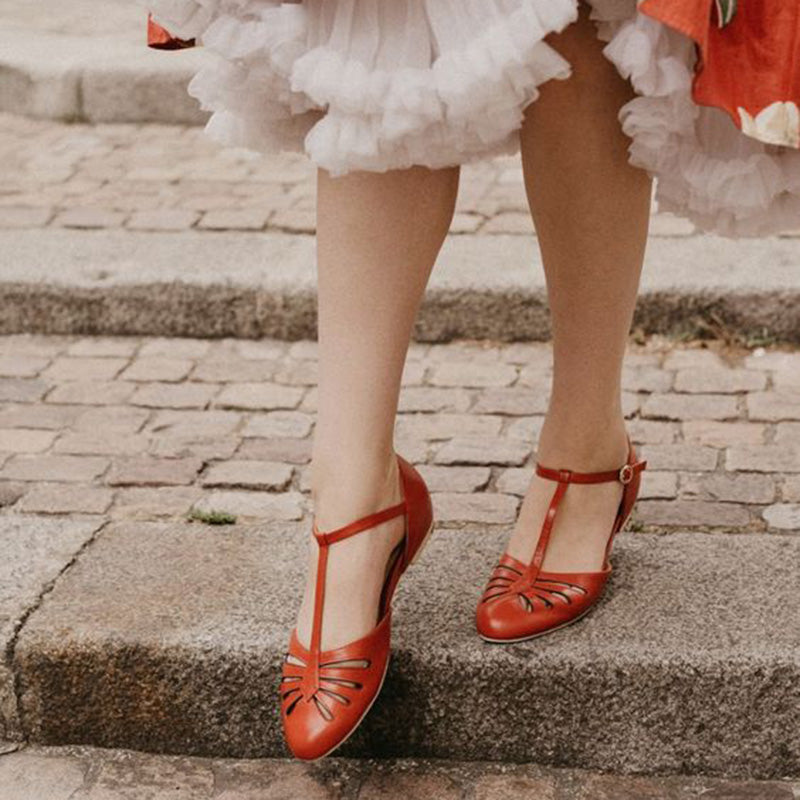 Brown Hollow Out T-Strap Vintage Shoes Women's Almond Toe Flats