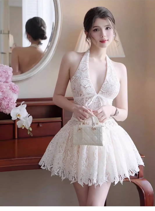 Vintage White V-neck Halter Dress Design A-line Lace Party Dress Homecoming Dress TP3826