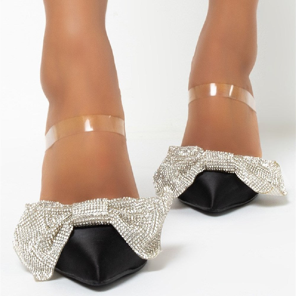 Women's Black Rhinestone Bow Pointed Toe Stiletto Heeled Mules