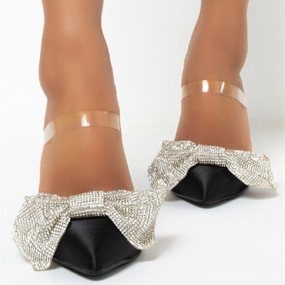 Women's Black Rhinestone Bow Pointed Toe Stiletto Heeled Mules