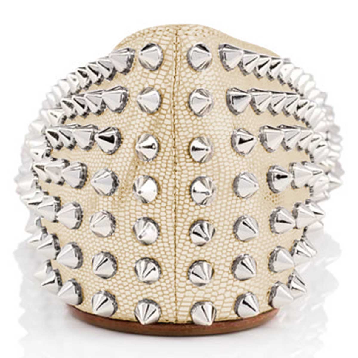 Chic Champagne Lizard Embossed Pointed Toe Flats with Rivets