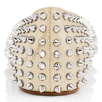 Chic Champagne Lizard Embossed Pointed Toe Flats with Rivets