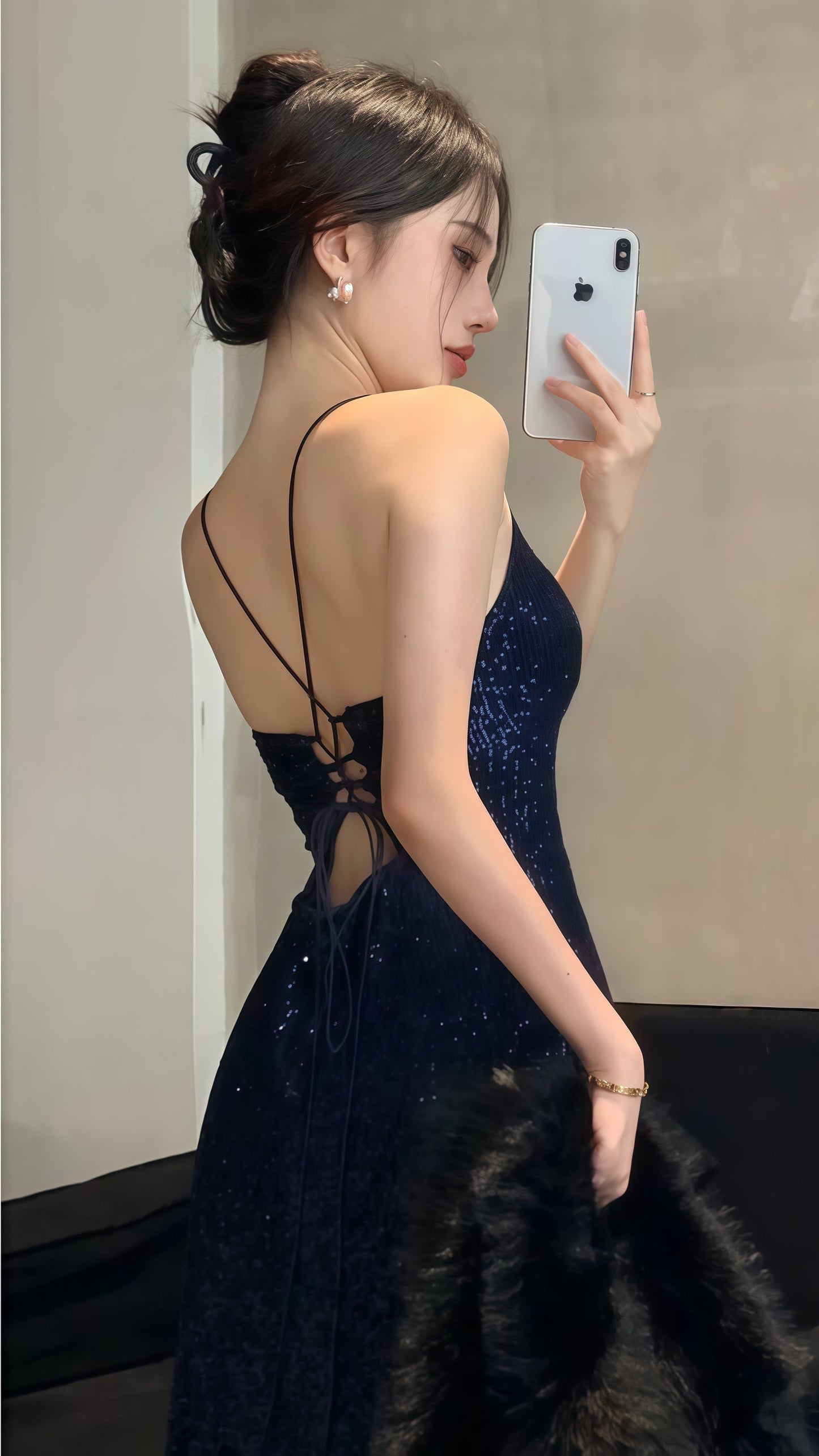 Navy Blue Sequin Mermaid Prom Dress V-Neck Cross Back Long Evening Gown