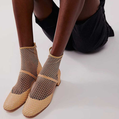 Beige Fishnet Round Toe Block Heel Back-Zip Ankle Boots