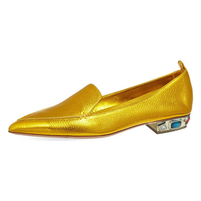 Gold Pointed Toe Crystal Decor Flats Women's Loafers