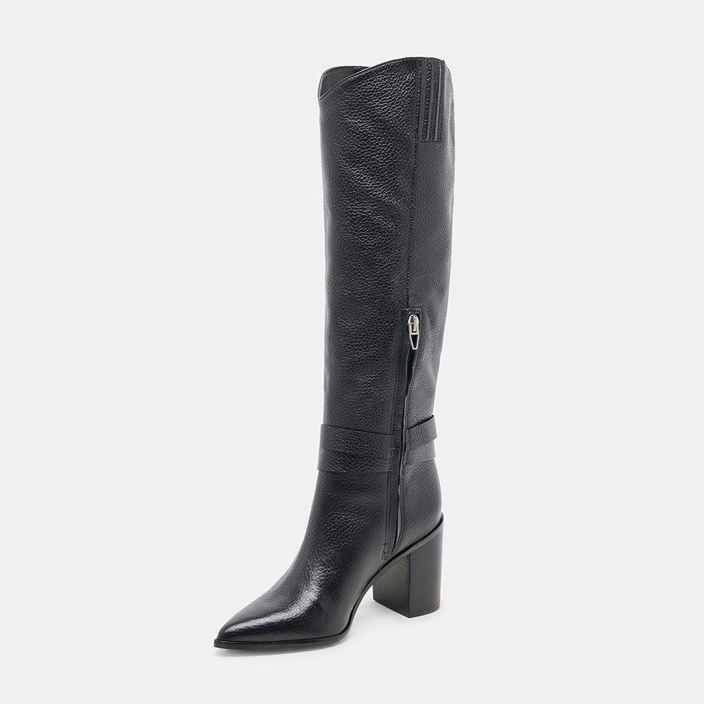 Black Buckle Strap Pointed Toe Block Heel Knee High Boots with Zipper