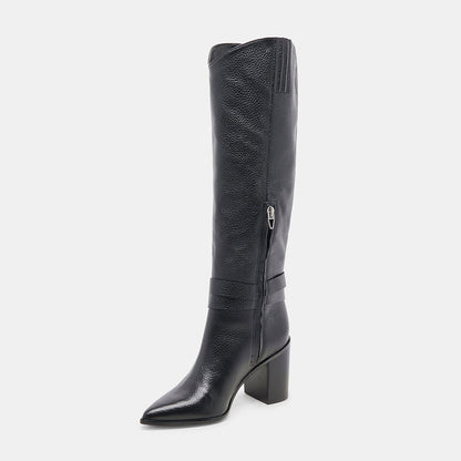 Black Buckle Strap Pointed Toe Block Heel Knee High Boots with Zipper