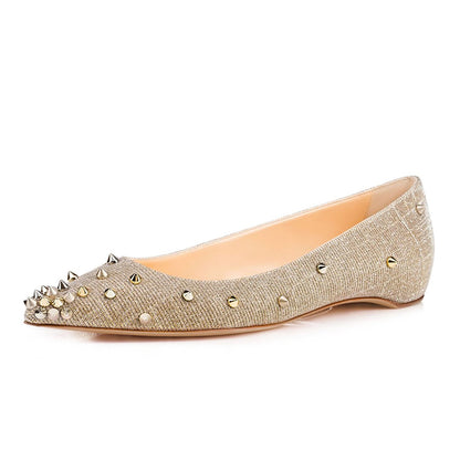 Champagne Pointed Toe Rivets Embellished Casual Flats for Women
