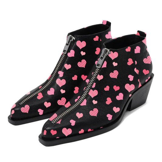Black and Pink Heart Print Block Heel Front Zipper Ankle Boots
