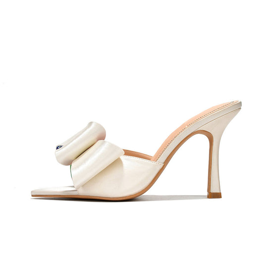 White Satin Peep Toe Rhinestone Bow Stiletto Heel Mules for Women