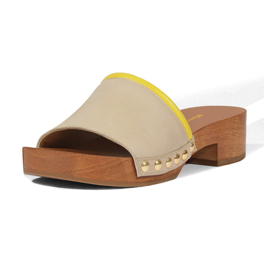 Beige Stud Embellished Chunky Heel Mules Shoes with Platform