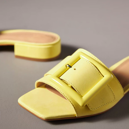 Yellow Square Toe Chunky Heel Buckled Wide Band Mules