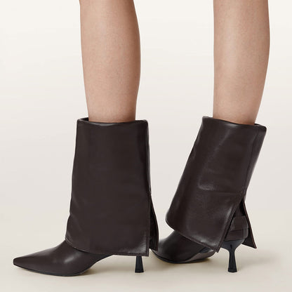 Dark Brown Pointed Toe Flared Heel Foldable Knee High Boots