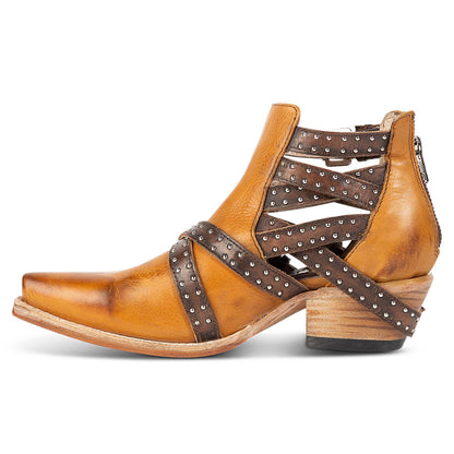 Yellow Vintage Buckle Straps Chunky Heel Western Boots for Women