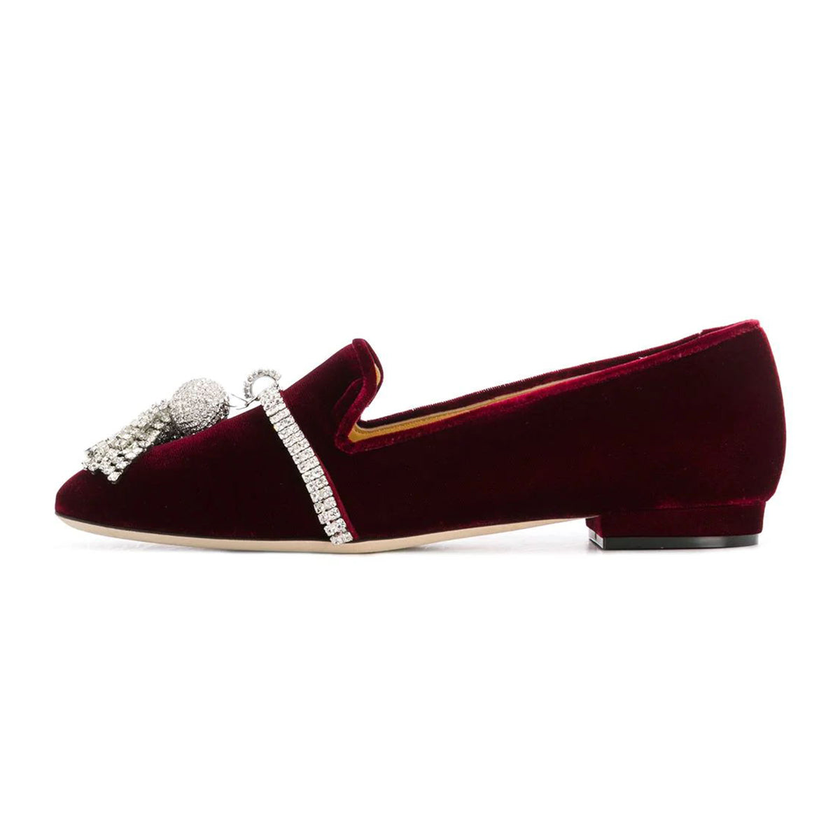 Burgundy Velvet Rhinestone Ornament Flat Loafers for Women
