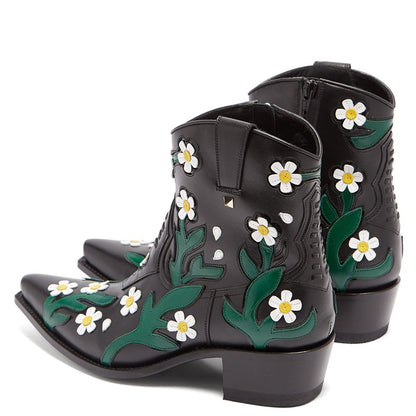 Black Snip Toe Cowgirl Ankle Boots with Zipper and Flower Inlay